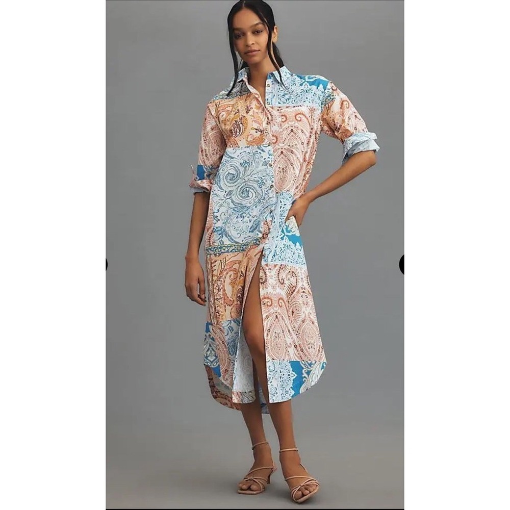 ANTHROPOLOGIE MaEVe Long Sleeve Shirt Dress Women XS Midi Blue Patchwork Paisley